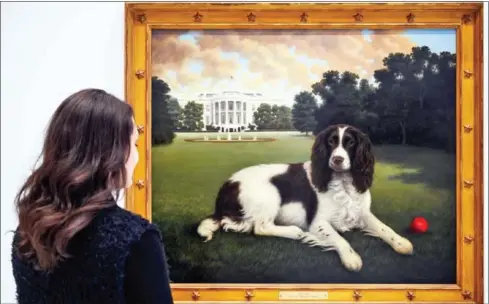  ?? OHANNES EISELE/AFP ?? A worker of the American Kennel Club Museum of the Dog looks at a painting of Millie Bush, an English Springer Spaniel and former White House resident, in New York City on February 1.