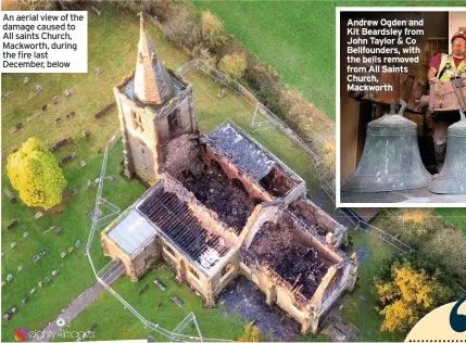  ??  ?? An aerial view of the damage caused to All saints Church, Mackworth, during the fire last December, below