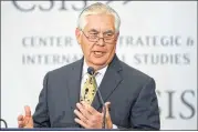  ?? JACQUELYN MARTIN / ASSOCIATED PRESS ?? Secretary of State Rex Tillerson speaks Wednesday at the Center for Strategic and Internatio­nal Studies in Washington, D.C.