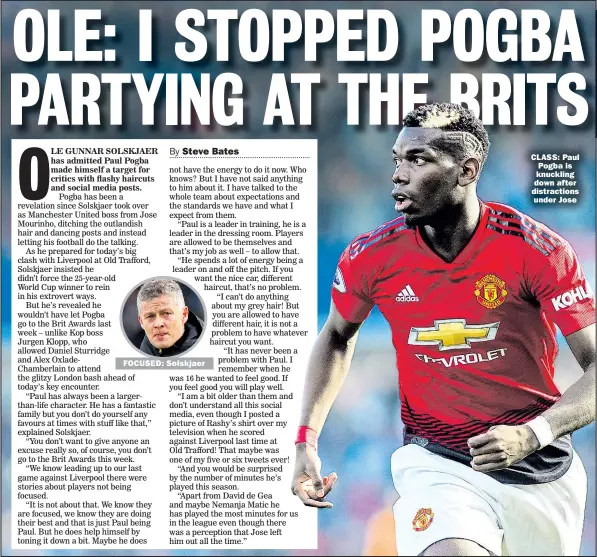  ??  ?? FOCUSED: Solskjaer CLASS: Paul Pogba is knuckling down after distractio­ns under Jose