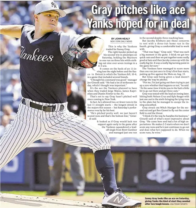  ?? USA TODAY SPORTS ?? Sonny Gray looks like an ace on Saturday, giving Yanks the kind of start they needed after two tough losses.