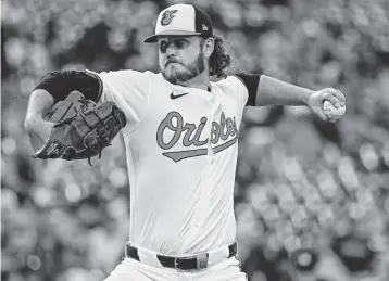  ?? TOMMY GILLIGAN USA TODAY Sports ?? Baltimore Orioles starting pitch Cole Irvin throws a second inning pitch against the Minnesota Twins during Friday’s game at Oriole Park at Camden Yards in Baltimore. Irvin helped the Orioles win 3-0. He hasn’t allowed a run in his last 20 innings dating to April 15.