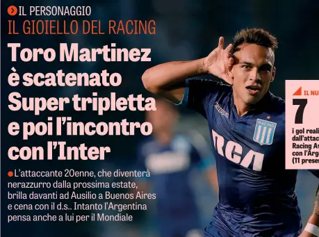  ??  ?? L’esultanza di Lautaro Martinez, 20 anni, attaccante del Racing e della nazionale Under 20 argentina, dopo uno dei tre gol all’Huracan GETTY