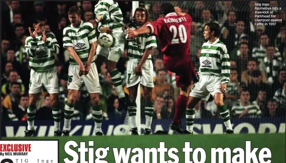  ??  ?? Stig Inge Bjornebye hits a free-kick at Parkhead for Liverpool against Celtic in 1997
