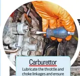  ??  ?? Carburetto­r Lubricate the throttle and choke linkages and ensure that both open fully. Make sure the accelerato­r pump emits a healthy jet of fuel when the throttle is opened. Rotate the idle mixture screw in a few turns, then out until you find the ‘sweet spot’ where the engine runs fastest and smoothest. Adjust the idle speed afterwards, if necessary.