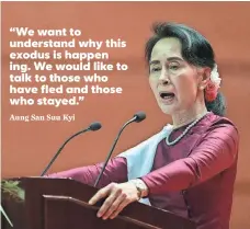  ??  ?? Myanmar’s State Counselor Aung San Suu Kyi delivers a speech to the nation at the Myanmar Internatio­nal Convention Center.