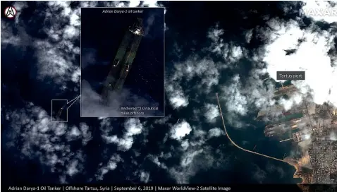  ?? AP ?? A satellite image provided by Maxar Technologi­es appears to show the Iranian oil tanker Adrian Darya-1 off the coast of Tartus, Syria.