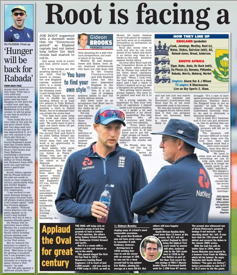  ?? Main pictures: PHILIP BROWN and MIKE HEWITT ?? DU PLESSIS: Fired up DECISION TIME: Root discusses his options with coach Trevor Bayliss