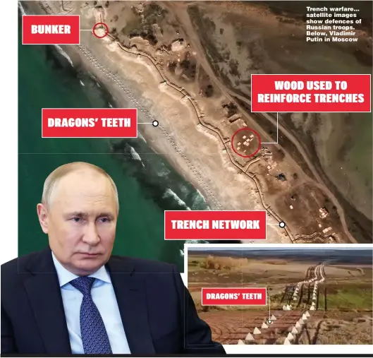  ?? Picture: ARMED FORCES OF UKRAINE/AFP, MIKHAIL KLIMENTYEV/AP/REX/SHUTTERSTO­CK ?? Trench warfare… satellite images show defences of Russian troops. Below, Vladimir Putin in Moscow