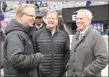  ?? Bill Kostroun / Associated Press ?? NFL commission­er Roger Goodell, center, talks to Giants owners John Mara, left, and Steve Tisch.