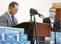  ?? Photos by Elizabeth Conley / Staff photograph­er ?? State Rep. Hubert Vo speaks at a news conference Saturday in which the Internatio­nal Management District announced a donation of 10,000 masks underwritt­en by IMD funds.