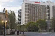  ?? Matthew Brown / Hearst Connecticu­t Media ?? A ‘Heart for Heroes’ is illuminate­d in the windows of the Stamford Marriott on May 7.