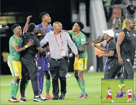  ?? Picture: GALLO IMAGES ?? FLYING WONDER: Oscarine Masuluke, third from left, of Baroka FC celebrates with his teammates after scoring an overhead goal during the Premier League match against Orlando Pirates at New Peter Mokaba Stadium on Wednesday. INSET: A Youtube screen grab of Masuluke’s amazing overhead kick which sent the ball soaring into the net