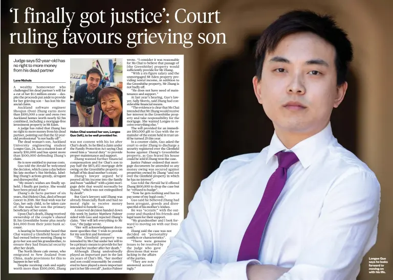  ??  ?? Helen Chai wanted her son, Longee Guo (left), to be well provided for.
Longee Guo says he looks forward to moving on with his life.