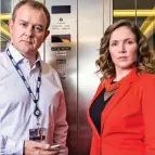  ??  ?? Gobbledego­ok: Hugh Bonneville and Jessica Hynes in W1A