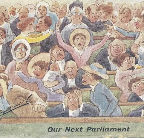  ??  ?? Above: The Fife publisher Martin Anderson, aka Cynicus, pokes fun at the notion of women in Parliament, 1906. Middle: Suffrage societies countered the negative perception­s by producing carefully-posed propaganda cards. Top: former teacher Teresa...