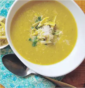  ??  ?? Asparagus and artichokes star in this soup you could serve for lunch with bread.