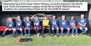  ??  ?? Newcastle East End Under-Nines Yellows, currently playing in the North East Youth Developmen­t League, would like to thank Wallsend Boxing Academy for sponsorshi­p of their kit for the 2018/19 season