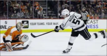  ?? MATT SLOCUM — THE ASSOCIATED PRESS ?? Flyers goalie Anthony Stolarz, left, blocks a shot by the Los Angeles Kings’ Austin Wagner in the first period Thursday night at Wells Fargo Center.