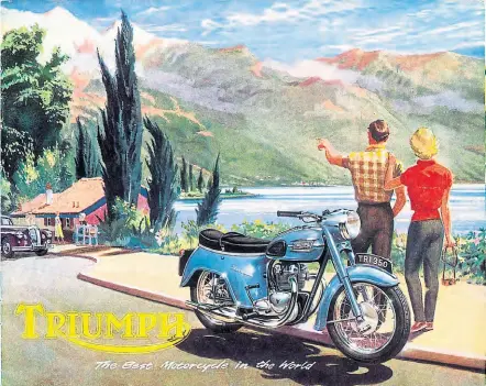  ??  ?? Despite the moderate size of its engine, the Triumph Twenty-One was eminently capable of long-distance two-up touring, which is reflected to perfection in this colourful artwork.