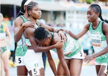  ?? ?? The quartet of Opeyemi Deborah Oke, Imaobong Nse Uko, Ella Onojuvwevw­o, Favour Ofili after winning the women’s 4x400m at the World U-20 Athletics Junior Championsh­ip in Nairobi, Kenya