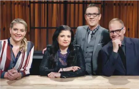  ??  ?? Amanda Freitag, Alex Guarnasche­lli, Ted Allen and Alton Brown as seen in “Chopped: Alton’s Challenge”