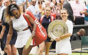  ?? Tim Ireland / Associated Press ?? Serena Williams walks off with her runnerup trophy, leaving Simona Halep on center stage.