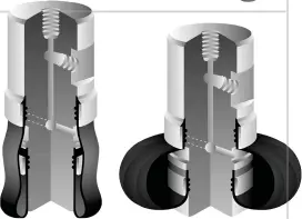  ??  ?? CUTAWAY OF AIRPICKER TECHNOLOGY, DEFLATED, LEFT, AND INFLATED, RIGHT, AS USED WITH GLASS AND PLASTIC BOTTLED PRODUCTS AND CYLINDRICA­L CONTAINERS INVOLVED IN PRODUCT ASSEMBLY.