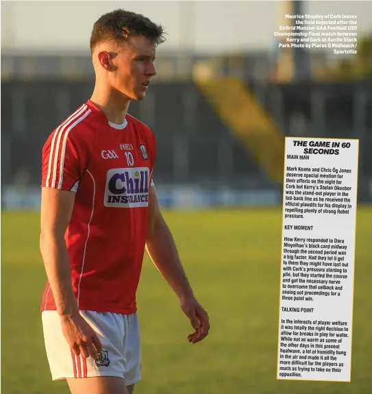  ??  ?? Maurice Shanley of Cork leaves the field dejected after the EirGrid Munster GAA Football U20 Championsh­ip Final match between Kerry and Cork at Austin Stack Park Photo by Piaras Ó Mídheach / Sportsfile