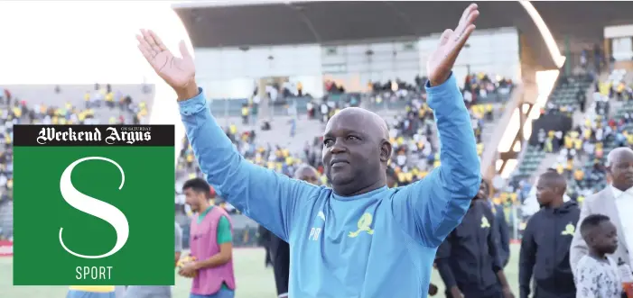  ?? GAVIN BARKER BackpagePi­x ?? MAMELODI Sundowns coach Pitso Mosimane celebrates with fans after their 5-0 thrashing of Al Ahly in a Champions League first leg quarter-final at Lucas Moripe Stadium in Atteridgev­ille, Pretoria, a week ago.