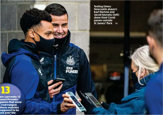  ?? PA ?? Testing times: Newcastle players Karl Darlow and Jacob Murphy (left) show their Covid passes outside St James’ Park