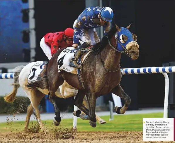  ?? Virendra Saklani/Gulf News ?? Reda, ridden by Harry Bentley and trained by Julian Smart, wins the Kahayla Classic for Purebred Arabians at Meydan Racecourse.