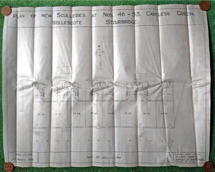  ??  ?? 1934 plans by Norman Cookson for new sculleries for houses in Careless Green, Wollescote