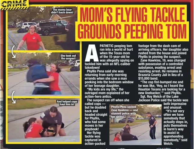  ??  ?? The mama bear didn’t back down!
She took out the suspect
And helped cops
haul him in!
Phyllis Pena sacked Zane Hawkins — and stunned police with her skills!