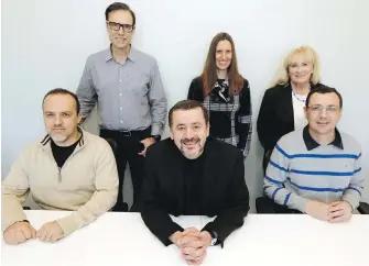  ?? ADRIAN LAM, TIMES COLONIST ?? The Daitan Group’s new Victoria staff, seated from left, Cleosson Souza, software developer manager; chief executive Augusto Cavalcanti; and Canada manager Mario Zimmer. Back row, from left, CFO Silvio Rogatto; administra­tive assistant Priscila Carda; and marketing manage Kathleen McCabe.