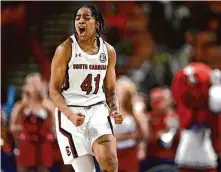  ?? Eakin Howard/Getty Images ?? South Carolina’s Kierra Fletcher celebrates as the Gamecocks improved to 30-0 after beating Arkansas in the SEC tourney.