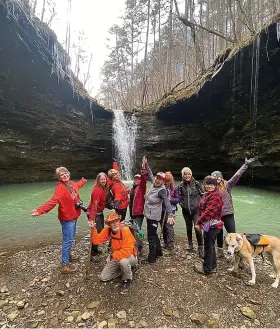  ?? (Special to the Democrat-Gazette/ Bob Robinson) ?? Glen Pagan poses with other members of the Takahik River Valley Hikers on Feb. 4, 2023, during an outing to Little Cow Creek, in the Ozarks north of Hagerville.