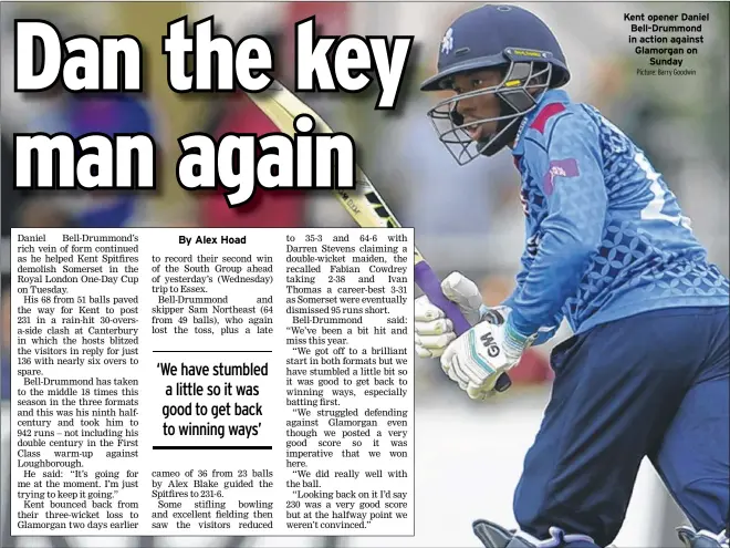  ?? Picture: Barry Goodwin ?? Kent opener Daniel Bell-drummond in action against Glamorgan on Sunday