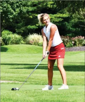  ?? PILOT PHOTO/RON HARAMIA ?? Megan Kobelt of Glenn HS takes aim before a drive during a golf match earlier this season. Kobelt will play in the state finals this weekend.