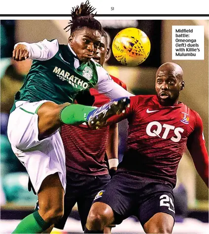  ??  ?? Midfield battle: Omeonga (left) duels with Killie’s Mulumbu