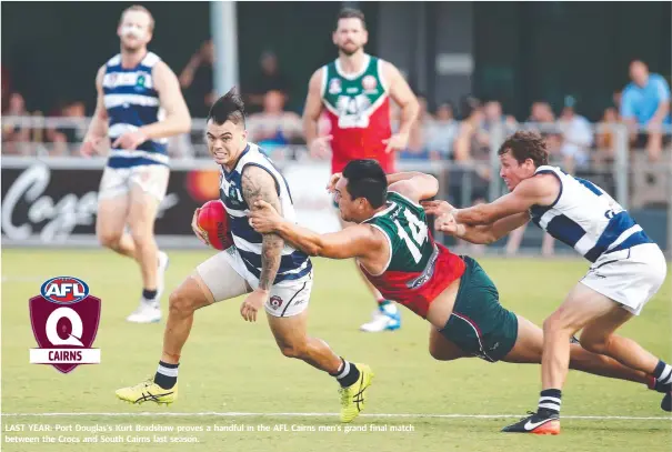  ??  ?? LAST YEAR: Port Douglas's Kurt Bradshaw proves a handful in the AFL Cairns men's grand final match between the Crocs and South Cairns last season.