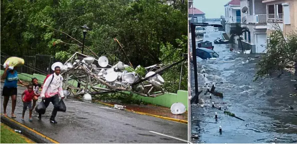  ??  ?? People walking past a fallen stadium lighting tower as Hurricane Irma moves off the northern coast of Puerto Plata in the Dominican Republic. (Right) A street suffers severe flooding in Gustavia, on the French administer­ed territory of Saint...