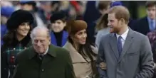  ?? ALASTAIR GRANT, THE ASSOCIATED PRESS ?? Kate, Duchess of Cambridge, left, Prince Philip, Meghan Markle and Prince Harry, walk back to the Sandringha­m estate after the service.