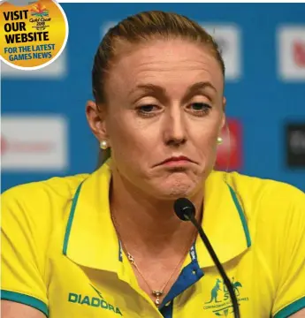  ?? PHOTO: VINCE CALIGIURI/GETTY ?? LEAVES A GAP: A disappoint­ed Sally Pearson fronts the media yesterday to announce her withdrawal from the Gold Coast Commonweal­th Games.