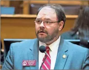  ?? Atlanta Journal-Constituti­on-Alyssa Pointer ?? Rep. Jason Spencer of Woodbine speaks at the Georgia State Capitol in Atlanta. Spencer is seen using racial slurs and dropping his pants in an episode of Sacha Baron Cohen’s Showtime series “Who Is America?”/