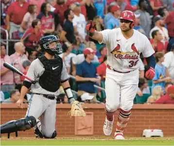  ?? JEFF ROBERSON/AP ?? The Cardinals’ Juan Yepez celebrates after hitting a three-run home run during the fourth inning of Monday’s game against the Marlins in St. Louis.