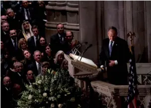  ?? VIA REUTERS ALEX BRANDON / POOL ?? Former US president George W. Bush becomes emotional as he speaks at the State Funeral for his father, former president George H.W. Bush, at National Cathedral in Washington on Wednesday.