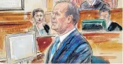  ?? DANA VERKOUTERE­N VIA THE ASSOCIATED PRESS ?? In this courtroom sketch, Rick Gates testifies during questionin­g in the fraud trial of Paul Manafort at federal court in Alexandria, Va., on Tuesday.