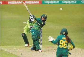  ?? Reuters ?? South Africa’s Shabnim Ismail smashes a straight one to the boundary against Pakistan in the women’s Cricket World Cup at the Fischer County Ground, Leicester, Britain on Sunday.