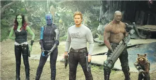  ?? PHOTO: DISNEY-MARVEL ?? Zoe Saldana, left, and Karen Gillan are back with the rest of the gang — Chris Pratt, Dave Bautista and Rocket Raccoon, voiced by Bradley Cooper — in Guardians of the Galaxy Vol. 2.